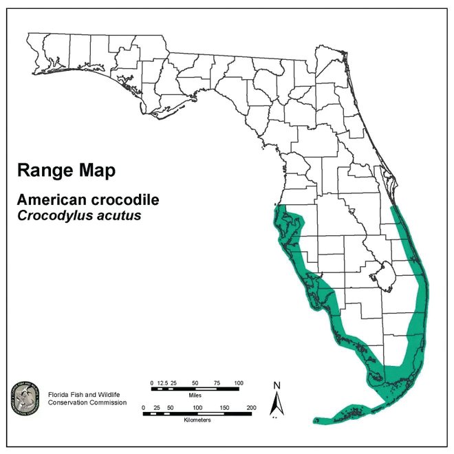 American crocodiles can be found along the coastlines in South Florida. [Map courtesy FWC]